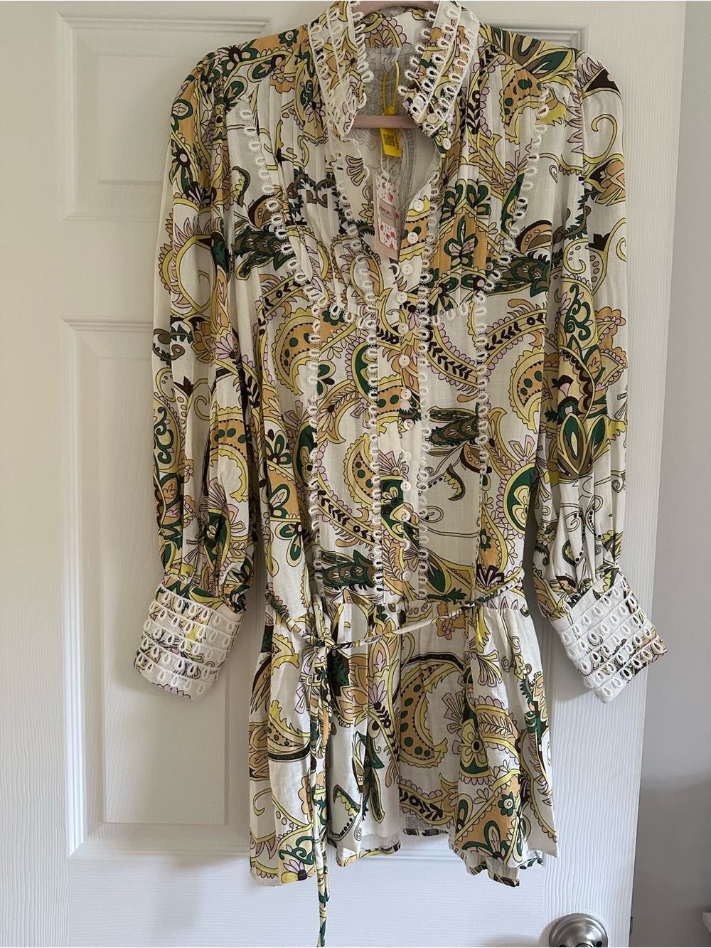 NWT Paisley Tie-Waist Long Sleeve Dress - White/Green/Gold